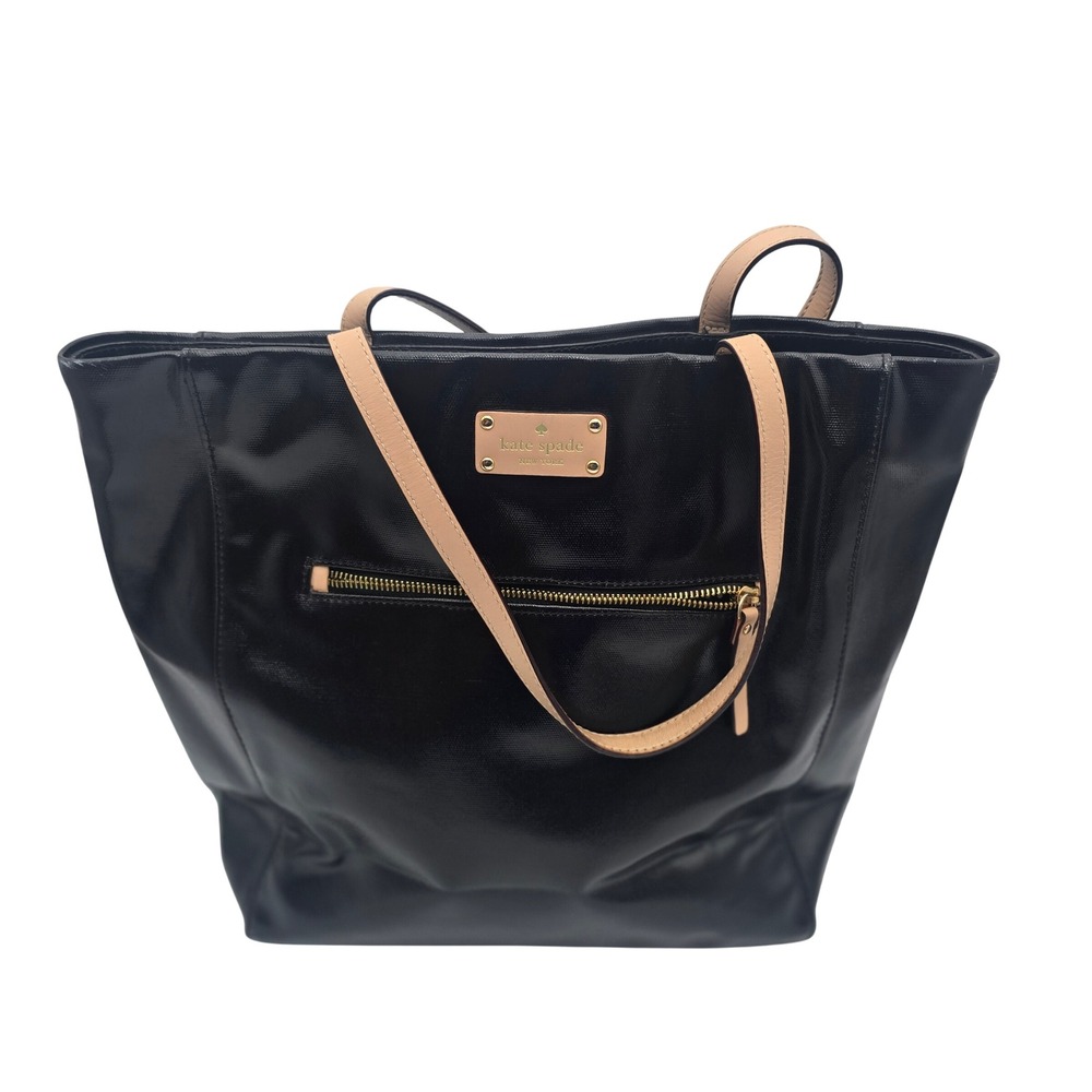 Kate Spade Black Nylon Tote Bag Tan Leather Trim Polka Dot Lining